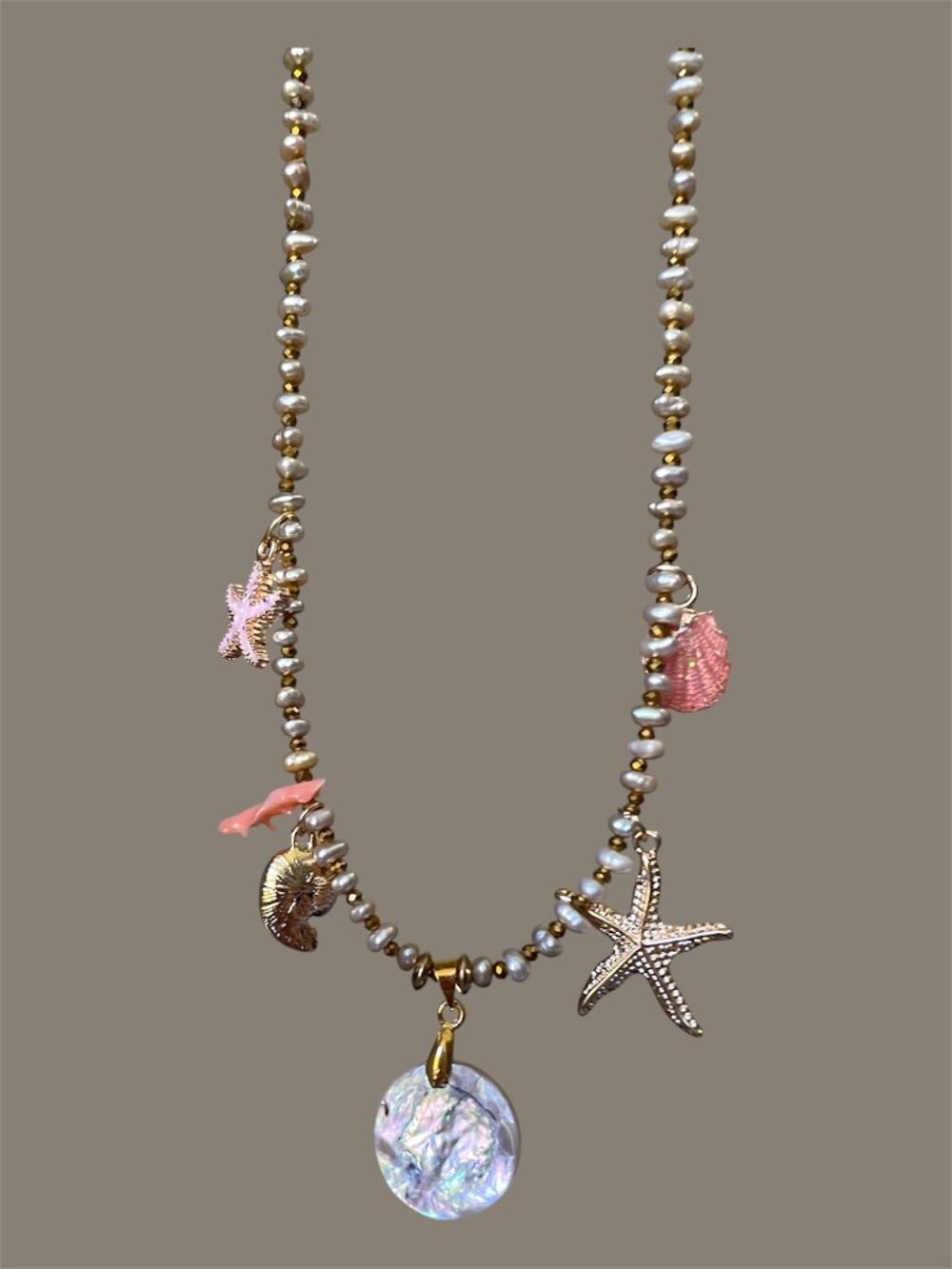 Natural Freshwater Pearl Artisan Necklace with Seashell Charms